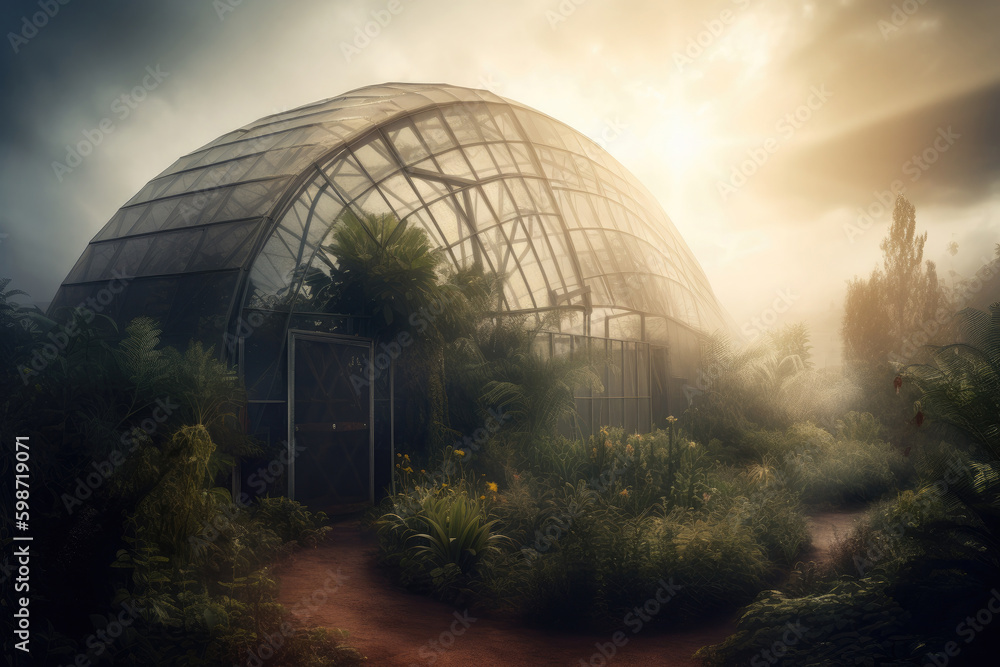 Fototapeta premium Plants in greenhouse. Growing organic products in modern greenhouse. Created with Generative AI