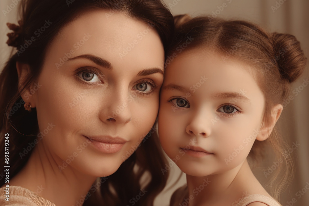 Cheerful woman and young girl looking at camera. Mother and daughter portrait on pastel background. Good relationship between mom and child in the family. Created with Generative AI Cheerful woman and young girl looking at camera. Mother and daughter portrait on pastel background. Good relationship between mom and child in the family. Created with Generative AI