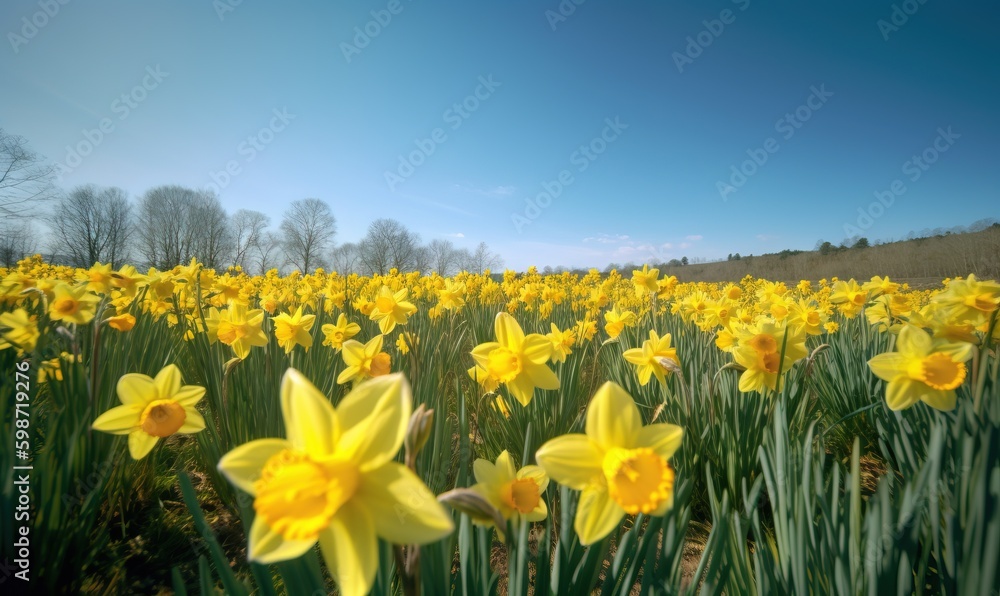 Fototapeta premium a field full of yellow flowers with trees in the background. generative ai