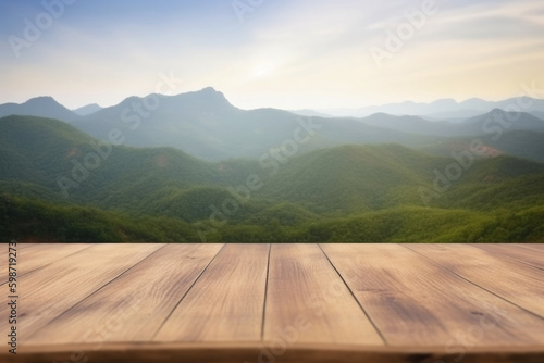 Empty wooden table with blurred mountain landscape background. Wooden planks with space for product design. Created with Generative AI