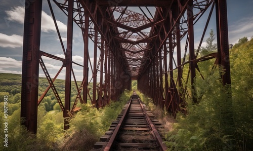  a train track going under a bridge in the middle of a forest. generative ai © Olga