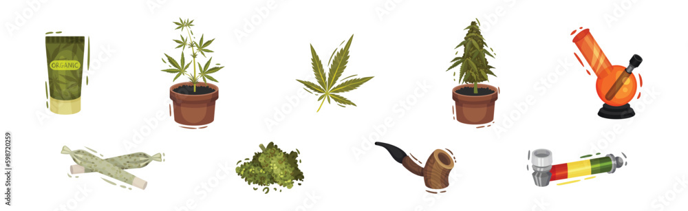 Cannabis Product with Growing Plant in Pot, Organic Cream Tube and Bong Vector Set