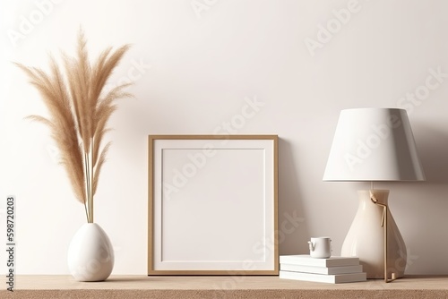 Empty frame mockup in warm neutral minimalist interior with dried pampas grass, trendy vase and brass desk lamp on wooden beige brown shelf on white wall background. Illustration, 3d rendering