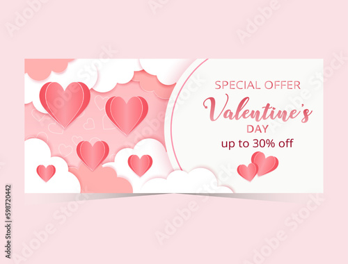 Valentine's Day special offer 30% off poster or banner set with many papercut hearts. Promotion and shopping template or background for Love and Valentine's day concept