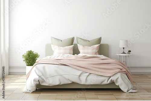 Light, cute and cozy home bedroom interior with unmade bed, pink olive plaid and cushions on empty white wall background. 3D rendering.