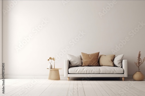 Empty wall mockup with sofa and beige pillows on empty white living room interior background. 3D rendering