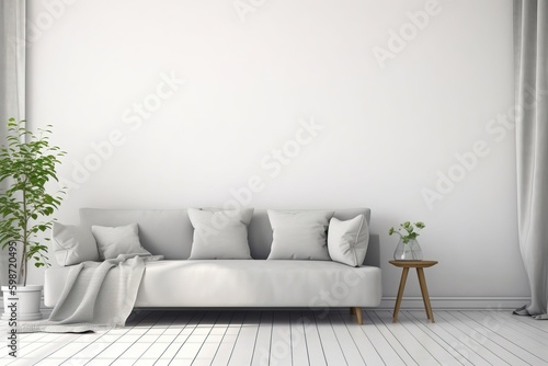 Livingroom interior wall mock up with gray fabric sofa and pillows on white background with free space on right. 3d rendering