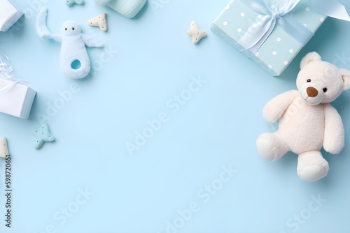 Snuggle Up [Generative AI]: Adorable Teddy Bear and Baby Toy Image on Plain Blue Background!