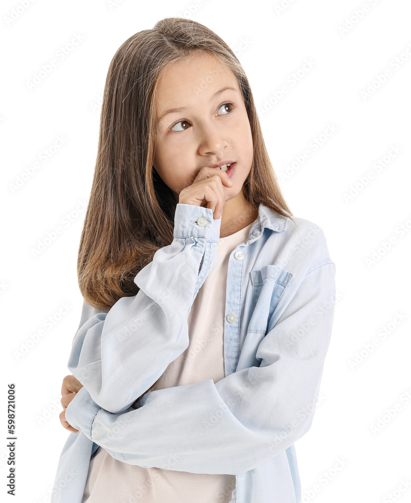 Little girl biting nails on white background