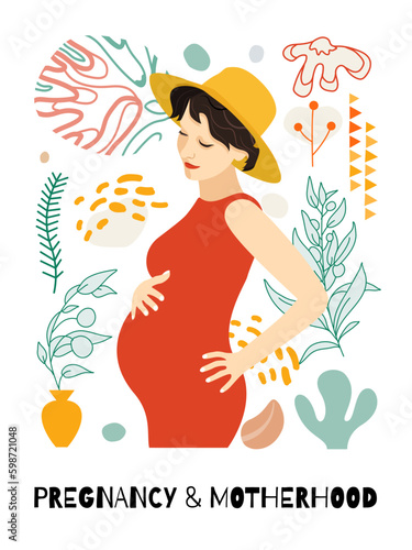 Beautiful pregnant woman. Banner or poster for websites, advertising, greeting card. Mother's day greeting. Health care, female, happy motherhood concept. Minimalism style.