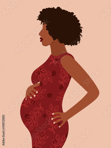 Beautiful pregnant black woman. Banner or poster for websites, advertising, greeting card. Mother's day greeting. Health care, female, happy motherhood concept. African American lady.