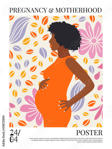 Beautiful pregnant black woman. Banner or poster for websites, advertising, greeting card. Mother's day greeting. Health care, female, happy motherhood concept. African American lady.
