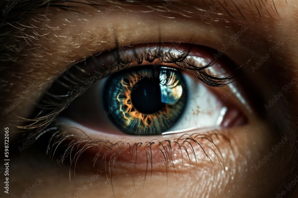 Fototapeta premium Focus on the stunning blue iris and pupil in macro view of a beautiful female eye. Close-up of the lashes with emphasis on the optical anatomy. Perfect for ophthalmology photography. AI Generative AI