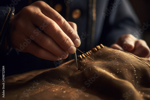 A tailor's hands stitching a garment. generative AI