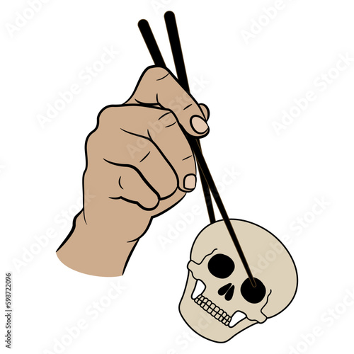 Human hand holding skull with chopsticks. Devour death. Creative concept.