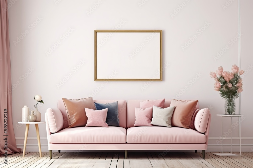 Poster mockup with frame on empty wall in living room interior with pink sofa and multi-colored pastel pillows. 3D rendering