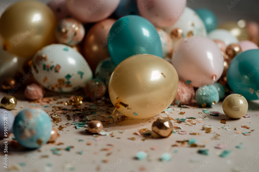 Balloons background with balloons, confetti, sparkles, lights. Anniversary. Banner for birthday, party, Christmas, New Year, promotion social media cover. Generative Ai Balloons background with balloons, confetti, sparkles, lights. Anniversary. Banner for birthday, party, Christmas, New Year, promotion social media cover. Generative Ai