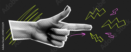 Trendy halftone collage hand. Idea conception. Hand gestures. Retro halftone crazy style. Contemporary vector illustration.