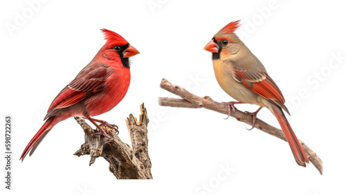 Fotografia Northern Cardinal, Male And Female Birds, Vibrant Northern Cardinals Cutout PNG: Perfect for DIY Crafts and Creative Design Projects