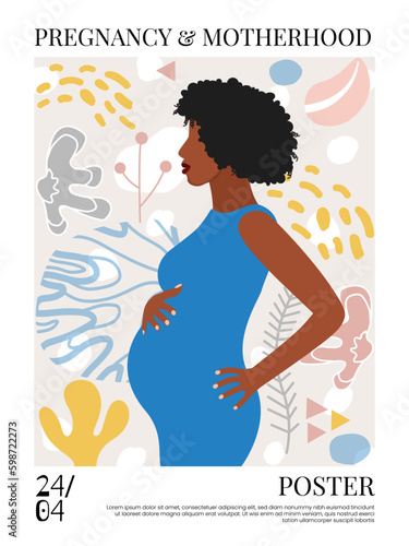 Beautiful pregnant black woman. Banner or poster for websites, advertising, greeting card. Mother's day greeting. Health care, female, happy motherhood concept. African American lady.