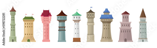High Stone Towers with Pointed Roof and Flag on Top Vector Set