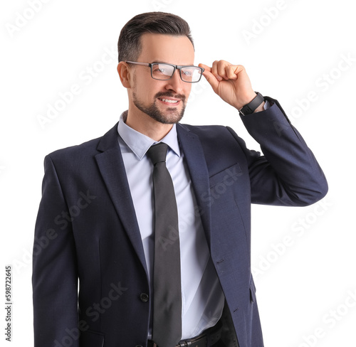 Handsome businessman in eyeglasses on white background