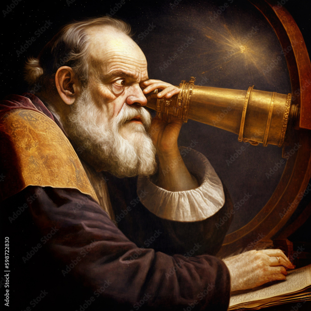 Retro fantasy: Galileo Galilei near his telescope looking pensive to the  firmament of stars. Content made with generative AI not based on real  persons. Stock-Illustration | Adobe Stock