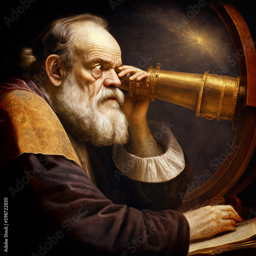 Retro fantasy: Galileo Galilei near his telescope looking pensive to the firmament of stars. Content made with generative AI not based on real persons. photo