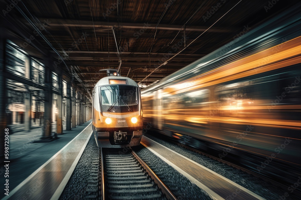 Fototapeta premium Fast train moving at the station, blurred background. Generative AI
