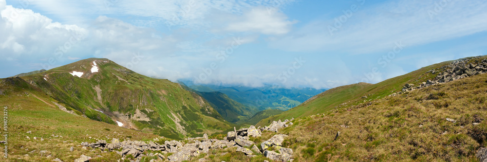 Summer mountain landscape and sky with clouds (Ukraine, Carpathian Mountains).