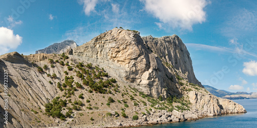 Summer rocky coastline with pine trees (Novyj Svit reserve, Crimea, Ukraine).
