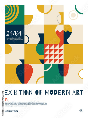Ancient Greek art concept. Mosaic poster design with simple shapes, vases, amphora, circles, dots, and lines. Abstract colorful geometric background. Modern nostalgia poster, magazine cover.