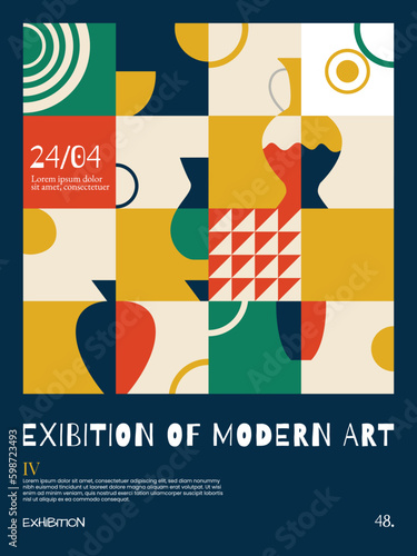 Ancient Greek art concept. Mosaic poster design with simple shapes, vases, amphora, circles, dots, and lines. Abstract colorful geometric background. Modern nostalgia poster, magazine cover.