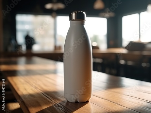 Water bottle mockup on the table of caffeteria. Coffe, watter, generative ai, mockup.
