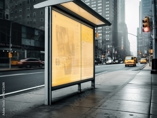 Vertical blank yellow billboard. Bus_stop on New York city. Generative ai. City, billboard, advertsign. 