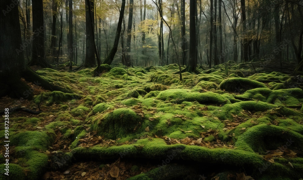 Fototapeta premium a moss covered forest with lots of trees in the background. generative ai
