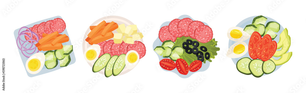 Sliced and Cut Vegetables and Wurst Served on Plate Above View Vector Set Sliced and Cut Vegetables and Wurst Served on Plate Above View Vector Set