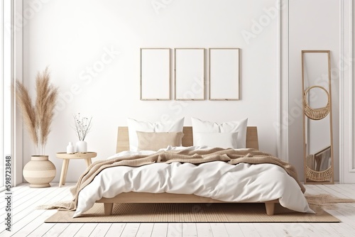 Vertical frame mockup in boho bedroom interior with wooden bed, beige fringed blanket, cushion with tassels, dried pampas grass and wicker lamp on white wall background. 3d rendering © Eli Berr