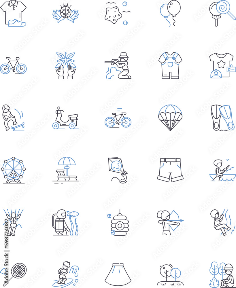 Vacation time line icons collection. Relaxation, Exploration, Adventure, Escape, Memories, Sunbathing, Sightseeing vector and linear illustration. Detox,Recharge,Serenity outline signs Generative AI