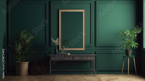 Mock-up square frame in dark green furnished home interior background. Generative Ai © hassanmim2021