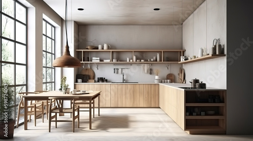 Scandinavian kitchen interior  wall mock up  3d render  Bright color. Generative Ai