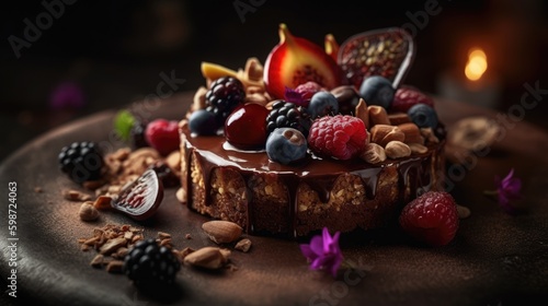 chocolate cake with fruits on top