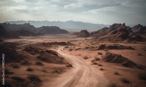  a dirt road in the middle of a desert with mountains in the background.  generative ai