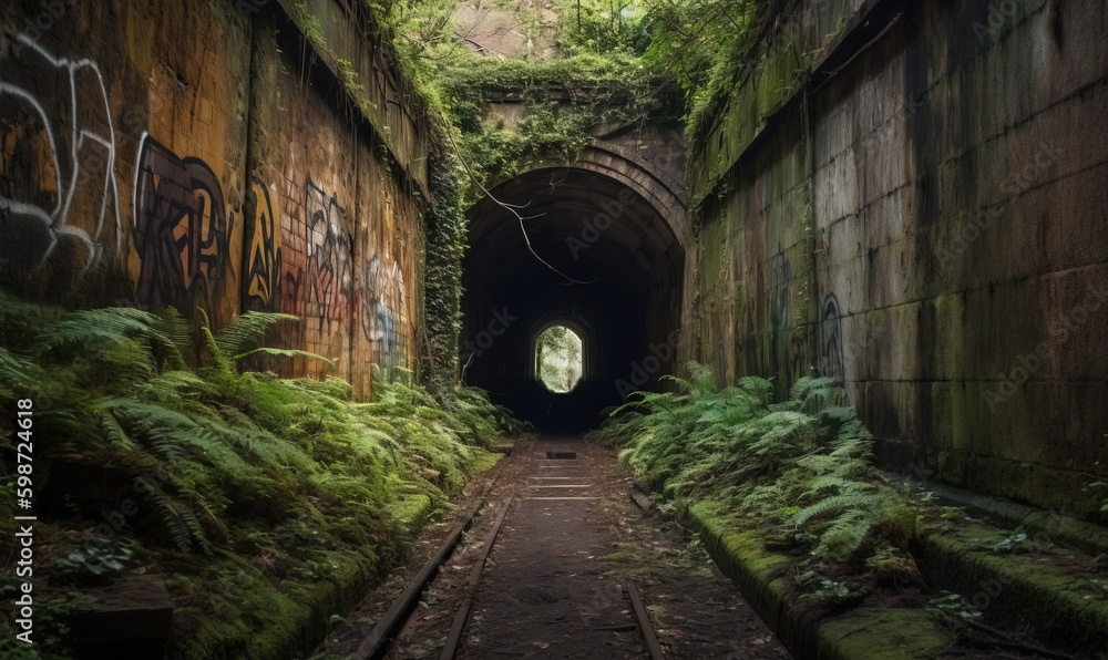 a tunnel with graffiti on the walls and green plants growing on the walls.  generative ai