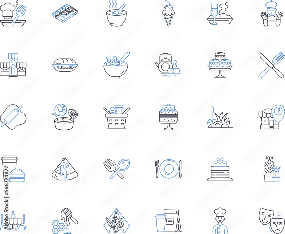 Sweet factory line icons collection. Confectiry, Delectable, Indulgence, Sweets, Candy, Glaze, Tasty vector and linear illustration. Flavorful,Lollipop,Skittles outline signs set Generative AI