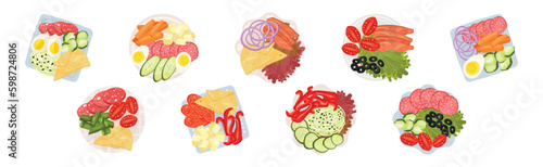 Sliced and Cut Vegetables, Wurst, Fish and Cheese Served on Plate Above View Vector Set