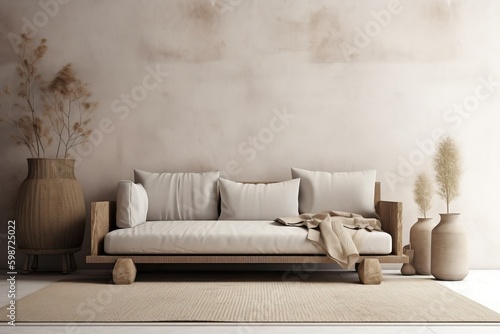 Wallpaper Mural Warm neutral wabi-sabi style interior mockup with low sofa, jute rug, ceramic jug, side table and dried grass decoration on empty concrete wall background. 3d rendering Torontodigital.ca