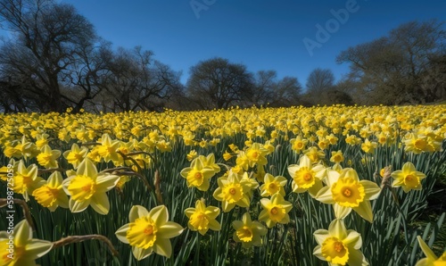  a field full of yellow flowers with trees in the background.  generative ai © Olga