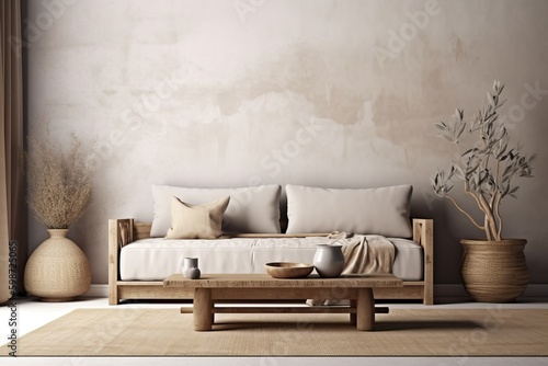 Warm neutral wabi-sabi style interior mockup with low sofa, jute rug, ceramic jug, side table and dried grass decoration on empty concrete wall background. 3d rendering © Eli Berr