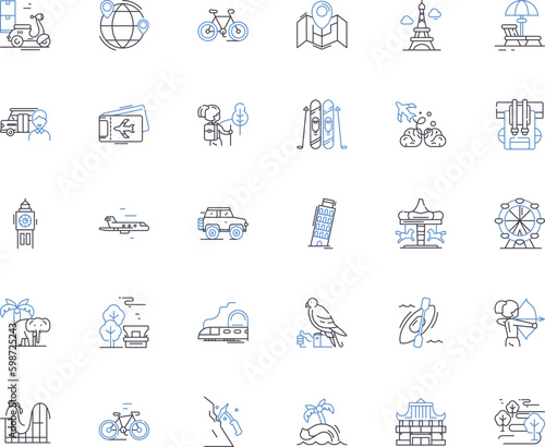 Trekking line icons collection. Adventure, Mountains, Trails, Backpacking, Nature, Hiking, Expedition vector and linear illustration. Trek,Wilderness,Camping outline signs set Generative AI